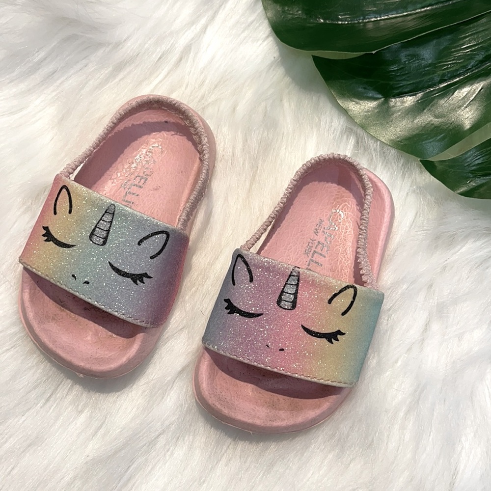 Kids Pink Unicorn Glitter Slide Sandals